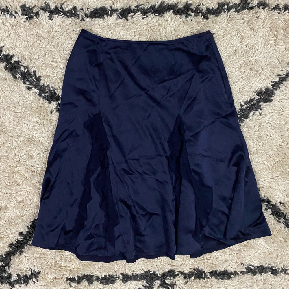 St John Blue Silk Ruffle Knee Length quiet luxury Midi Skirt
